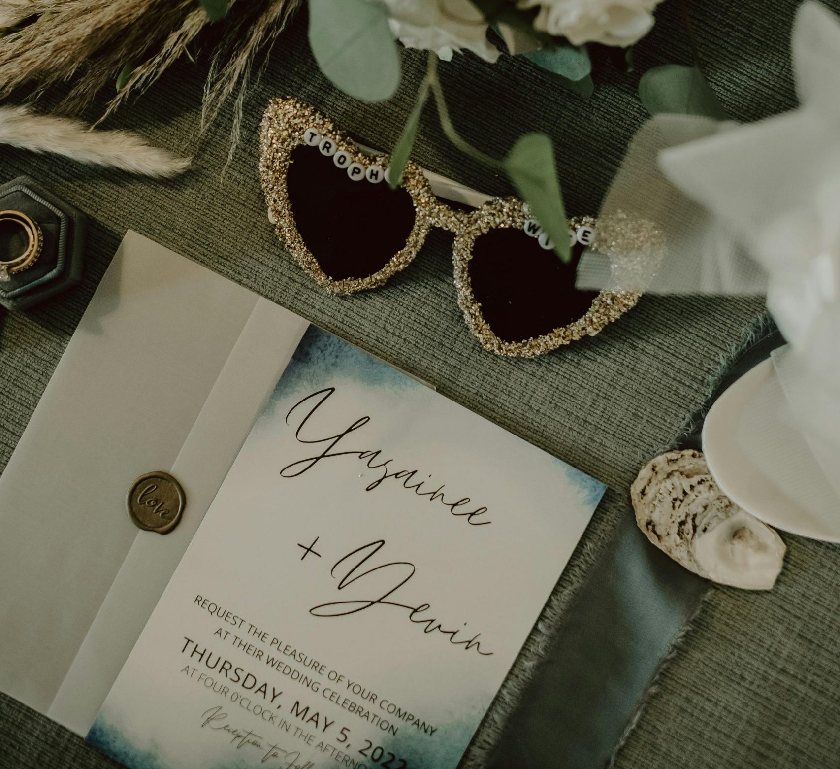 Wedding invitation and flowers